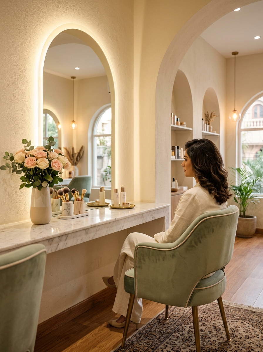Stylish Beauty Parlour demo interior with illuminated arched mirror vanity and soft floral decor