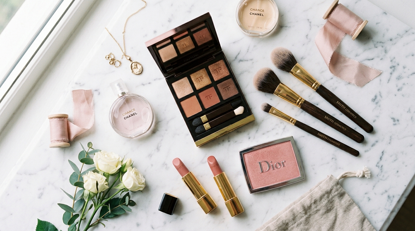 Demo flatlay of luxury makeup tools and palette