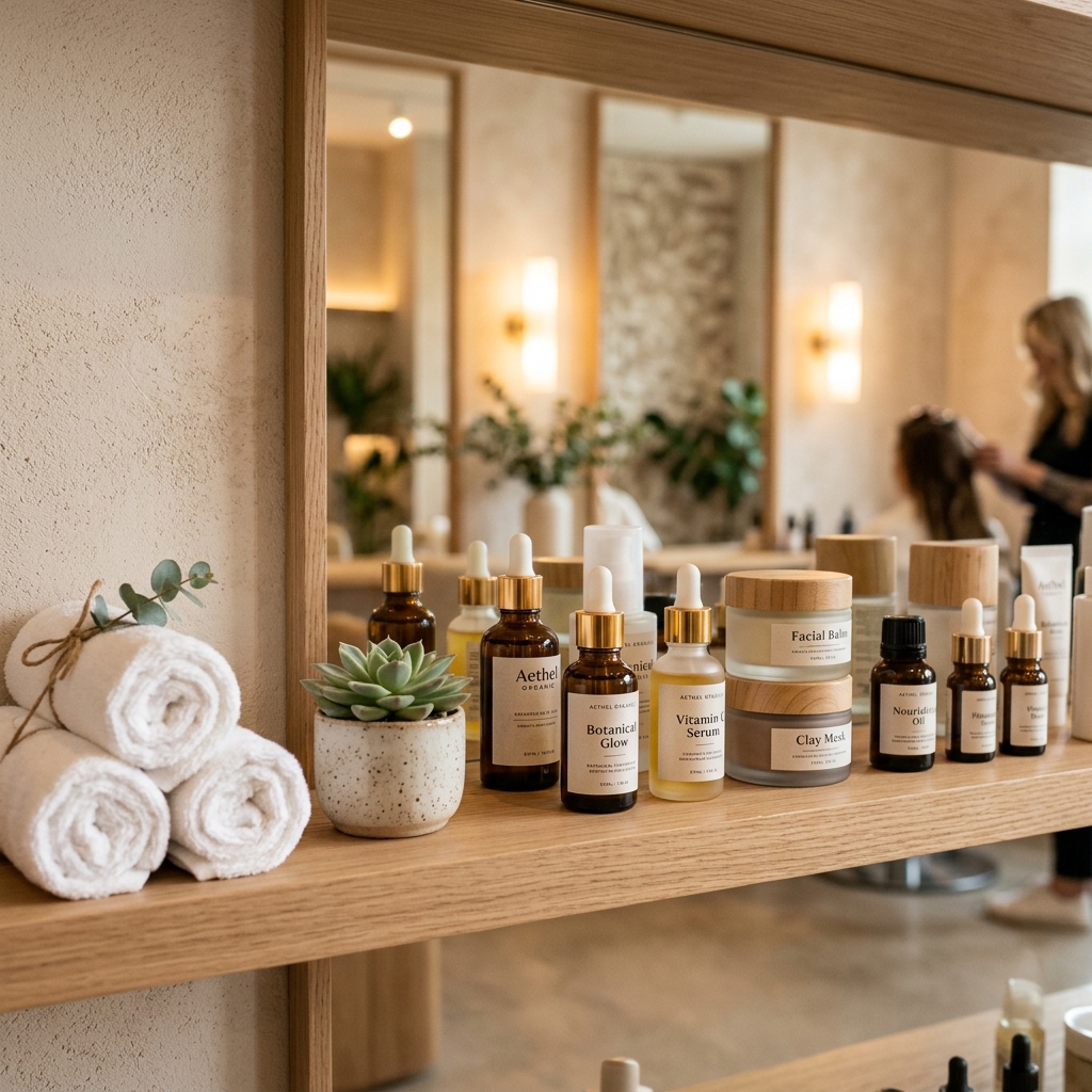 Salon skincare products and accessories shelf demo
